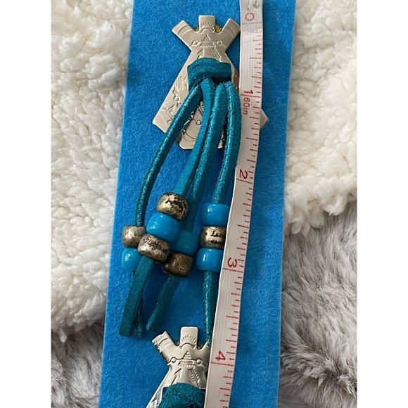 Vintage Silver Tone Pony Bead Blue Leather Teepee Pierced Earrings - Picture 7 of 8